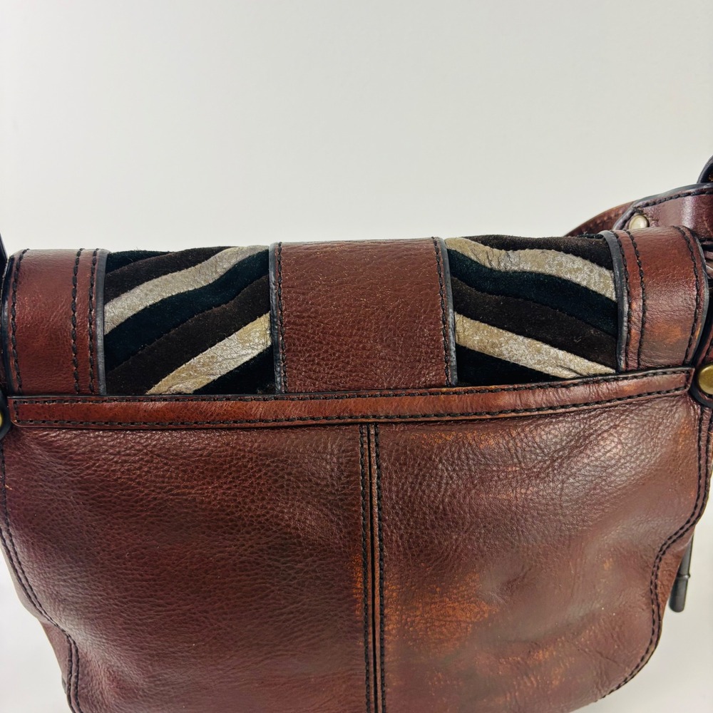 Fossil Reissue Saddle Flap Brown Leather Mixed Media Chevron Crossbody Bag Key - Picture 5 of 13